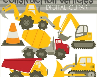 Construction Vehicles Clipart Set -Personal and Limited Commercial- Bulldozer, Cement Truck, Construction, Dump Truck Clip Art