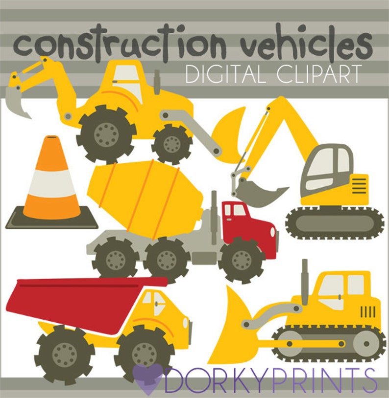 May include: A set of construction vehicle clip art images. The set includes a yellow bulldozer, a yellow excavator, a yellow cement mixer truck, a red dump truck, and a yellow backhoe. There is also a yellow and orange traffic cone.