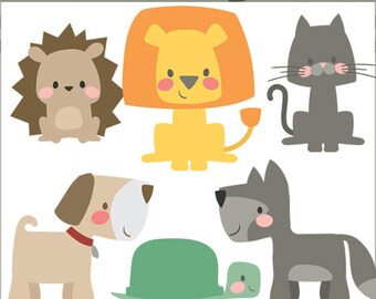 May include: A set of digital clipart images featuring various animals with a boxy, cartoon style. The animals include a lion, a cat, a dog, a hedgehog, a wolf, and a turtle. The images are in a bright color palette with pink cheeks on each animal.
