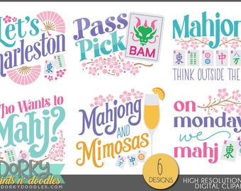 May include: A digital clipart set featuring six designs with text and illustrations related to Mahjong. The designs include phrases like "Let's Charleston," "Mahjong and Mimosas," and "Think Outside the Tile," with floral and fan accents.