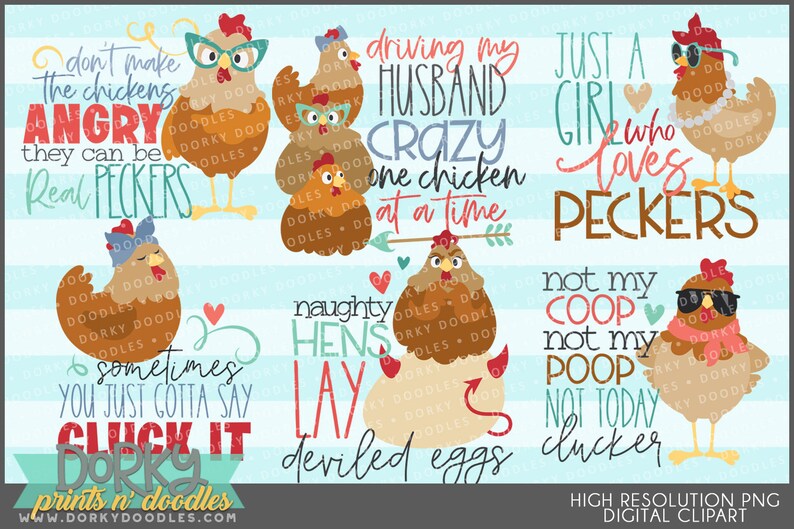 Cute Chicken Clipart -Personal and Limited Commercial Use- Crazy Hen Designs for Sublimation, Cookies, and Stickers image 1