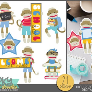 May include: Digital clipart set featuring sock monkey characters in various poses. Monkeys hold books, signs with text, and wear glasses. The text "SCHOOL IS COOL" and "WELCOME BACK TO CLASS!" are visible. Includes 21 designs in high resolution PNG format.