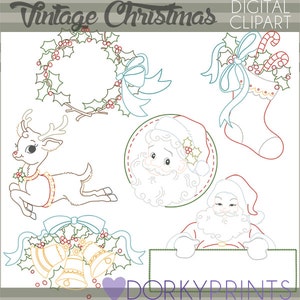 Vintage Christmas Clipart -Personal and Limited Commercial Use- Christmas Retro Santa, Reindeer, Holly Clipart
