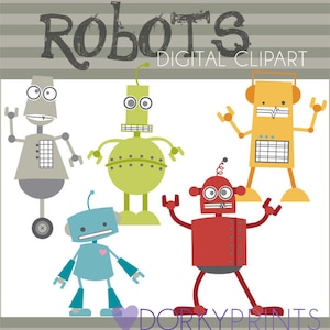 Puede incluir: Un conjunto de cinco imágenes de clipart digital de robots en varios colores, incluyendo gris, verde, amarillo, rojo y azul. Los robots tienen diferentes formas y tamaños, y algunos tienen antenas u otros accesorios. El texto "Robots Digital Clipart" está en la parte superior de la imagen.