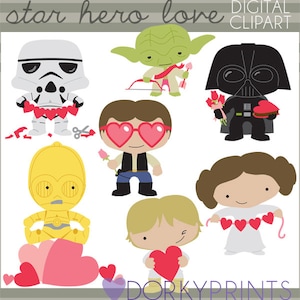 May include: A set of digital clipart featuring Star Wars characters in a Valentine's Day theme. The characters include Darth Vader, Yoda, Princess Leia, Han Solo, C-3PO, and a Stormtrooper. The characters are holding hearts, flowers, and other Valentine's Day themed items.
