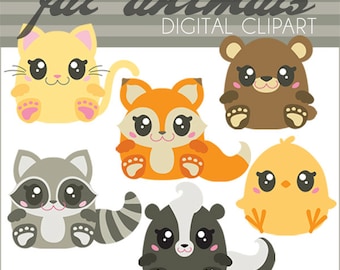 Animal Clipart -Personal and Limited Commercial Use- Kawaii Kitty, Fox, Raccoon, Chick, Skunk, and Bear