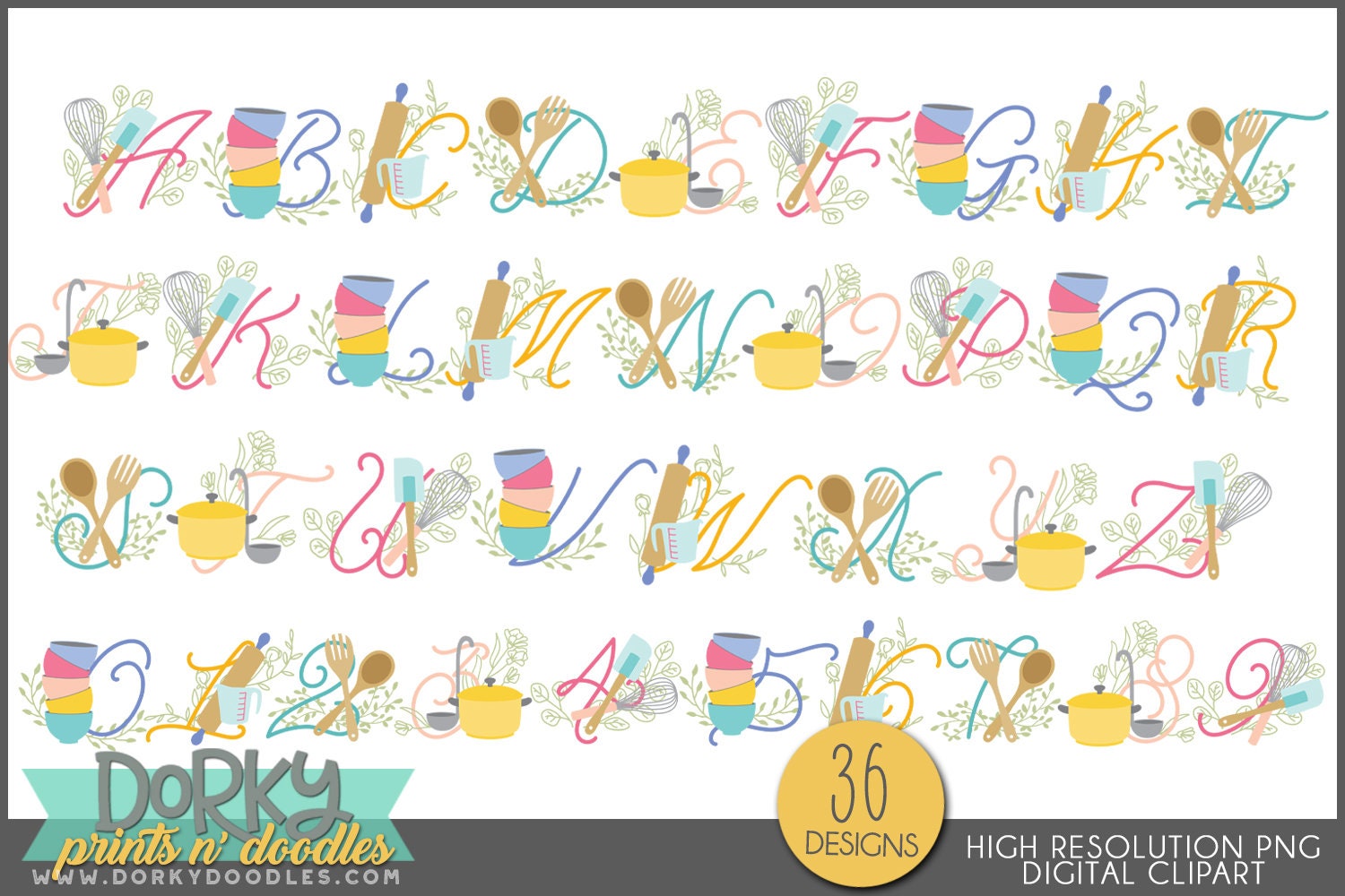 Kitchen Alphabet Clipart - Pretty Cooking and Baking Letter Designs for ...