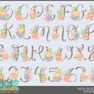 Hand Drawn Spring Flower Alphabet Clipart -Personal and Limited Commercial Use- Fun Floral Letters and Numbers Designs