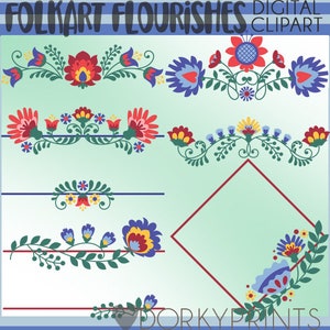 May include: A set of five digital clipart images featuring folk art floral designs. The designs are in red, blue, yellow, and green colors. The designs are perfect for adding a touch of traditional folk art to your projects.
