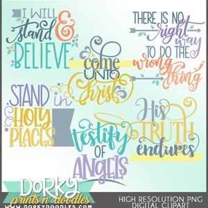 Pode incluir: Um conjunto de 8 imagens de clipart digital com texto colorido e setas. O texto inclui frases como "Eu me levantarei e acreditarei", "Venham a Cristo", "Fiquem em lugares santos", "Testemunhem dos anjos", "Não há uma maneira certa de fazer o errado", e "Sua verdade perdura".