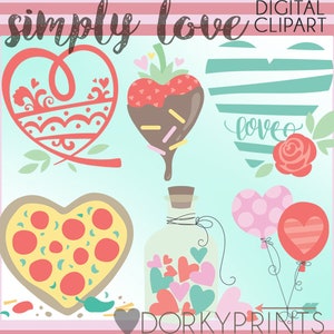 Simple Love Valentine Clipart -Personal and Limited Commercial Use-heart, pizza, balloons, valentine's day