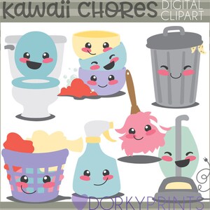 Chores Clipart Set -Personal and Limited Commercial Use- Kawaii Cute Chore Clipart, Laundry Clipart, Dishes Clipart, Kid Chores Clipart