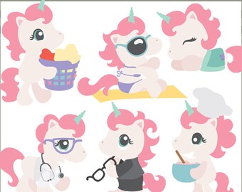 May include: Six illustrations of pink and white unicorns with different expressions and accessories. The unicorns are wearing a chef's hat, sunglasses, a doctor's coat, a business suit, a towel, and a basket of laundry. The text "more unicorns!" is at the top of the image.