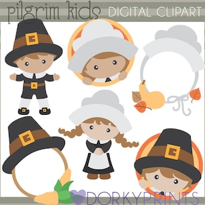 May include: A set of digital clipart images featuring pilgrim children in various poses. The images include a boy and girl wearing pilgrim hats and clothing, a girl with her hands clasped in prayer, and a boy and girl peeking out from behind circular frames. The images are in a cartoon style and are perfect for Thanksgiving crafts and projects.