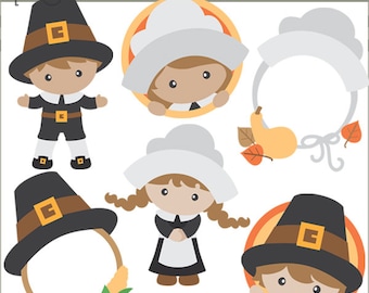 Thanksgiving Clipart Pilgrim Kids -Personal and Limited Commercial Use- Cute Pilgrim Clipart