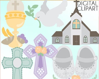 Bautizo y Primera Comunión Clipart Set -Uso Comercial Personal y Limitado- Cross y Church Clip Art