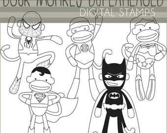 Super Hero Sock Monkey Clipart -Personal and Limited Commercial- Super Heroes Sock Monkeys Black Line Art
