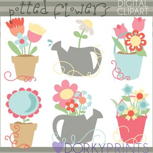 May include: Digital clipart of potted flowers in various containers, including a watering can, a bucket, and a traditional pot. The flowers are in shades of pink, blue, yellow, and red.