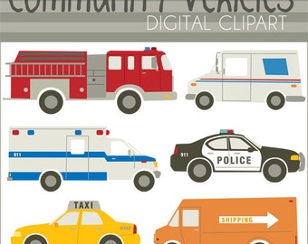 Emergency Vehicles Clipart Set -Personal and Limited Commercial- Police Car, Ambulance, Taxi, Fire Truck Clip Art