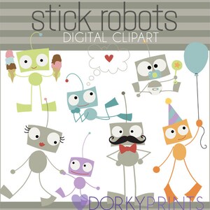 Robot Clipart -Personal and Limited Commercial- Stick Robots Clipart, Robot Mustache, Birthday Robot