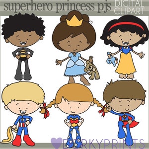 Può includere: Clipart digitale di sei bambini vestiti con pigiami da supereroi e principesse. I bambini indossano costumi di Batman, Cenerentola, Biancaneve, Capitan America, Wonder Woman e Superman.