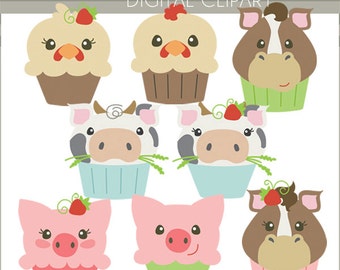 Farm Animals Clipart -Personal and Limited Commercial Use- pig, cow, horse, chicken cupcake clip art