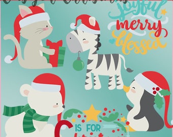 C is for Christmas clipart -Personal and Limited Commercial Use- Cute cat, zebra, penguin, polar bear, and word art clip art