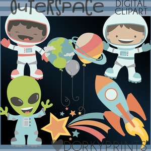 Outer Space Clipart -Personal and Limited Commercial Use- Kid Astronauts, Planet Balloons, Alien, Shooting Star, Rocket Digital Clip Art