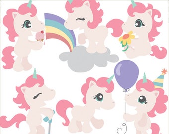 May include: A set of six digital clipart images featuring cute pink and white unicorns with various accessories. The unicorns are holding a rainbow, ice cream cone, flower, balloon, scooter, and party hat.