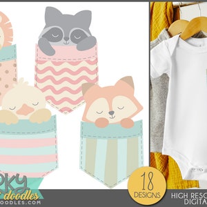 Könnte beinhalten: Set mit 18 digitalen Clipart-Bildern mit niedlichen Tieren, die aus Taschen schauen. Zu den Tieren gehören ein Löwe, ein Waschbär, eine Ente, ein Fuchs und ein Schwein. Die Taschen sind in verschiedenen Farben und Mustern, darunter Punkte, Streifen und Wellen. Die Bilder sind hochauflösende PNG-Dateien.