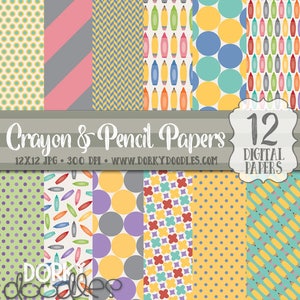 Back to School Papers, Cute Pencil and Crayon Digital Scrapbook Paper - School Paper Project Supplies