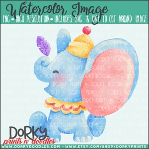 May include: Watercolor image of a blue elephant with large pink ears, wearing a yellow hat with a red ball on top and a ruffled collar. The image includes the text "Watercolor Image" and "Dorky Prints n' Doodles".