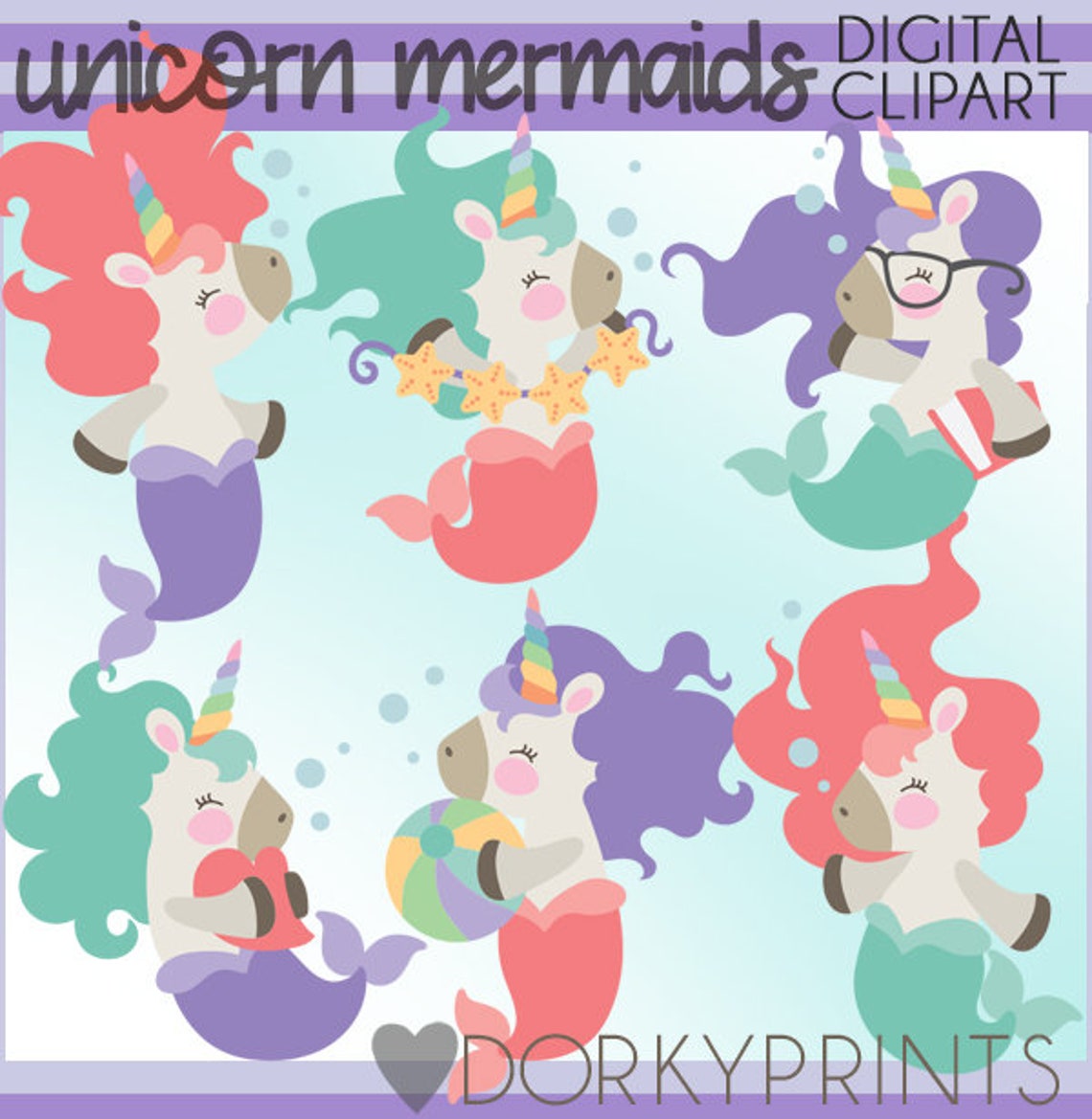 Unicorn Mermaids Clipart -personal and Limited Commercial Use- Cute ...