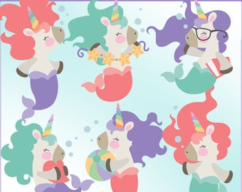 May include: Digital clipart of six unicorn mermaids with different colored hair and tails. Each mermaid is holding a different object, including a seashell necklace, a beach ball, a book, and a heart. The background is a light blue with white bubbles.