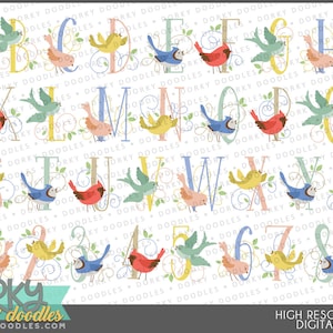 Pretty Bird Alphabet Clipart -PNG Art- Download istantaneo - numeri, lettere, carattere