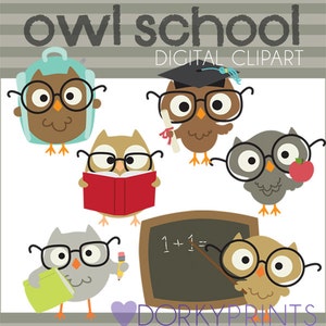 School Owls Clipart -Personal and Limited Commercial Use- Owls School Clip Art, owl in glasses, graduation owl