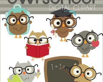 School Owls Clipart -Personal and Limited Commercial Use- Owls School Clip Art, owl in glasses, graduation owl