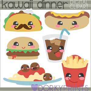 May include: A set of kawaii food illustrations, including a taco with a mustache, a hot dog, a hamburger, a glass of iced tea, spaghetti and meatballs, and french fries. The food items are all drawn in a cute cartoon style with big eyes and smiles.