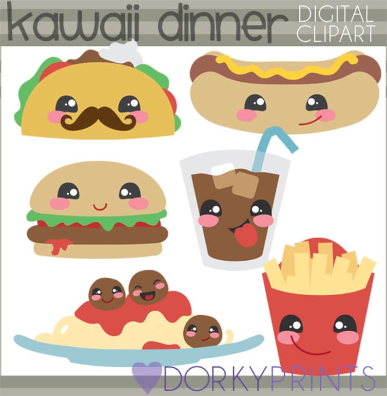 May include: A set of kawaii food illustrations, including a taco with a mustache, a hot dog, a hamburger, a glass of iced tea, spaghetti and meatballs, and french fries. The food items are all drawn in a cute cartoon style with big eyes and smiles.