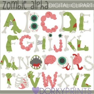 May include: Zombie alphabet clipart with letters formed from various body parts, including brains, eyeballs, bones, and intestines. The letters are in green, pink, and gray.