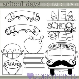 Terug naar school clipart-persoonlijke en beperkte commercieel gebruik-school dagen zwarte lijn clipart, kleurpotloden, potlood, bustache