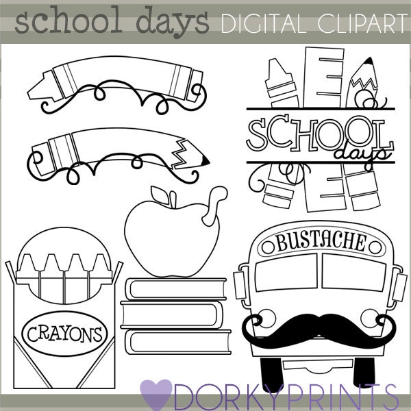 Back to School Clipart -Personal and Limited Commercial Use- School Days Black Line Clipart, crayons, pencil, bustache