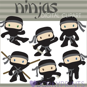 Ninja Clipart Set -Personal and Limited Commercial- Cute Boy Ninjas Illustraties