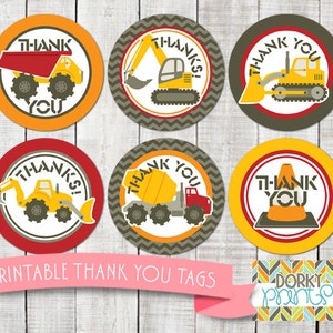 Construction Birthday Party Printable Circle Thank You Tags PDF - Printable Party Supplies - Digger, Bulldozer Birthday Party DIY