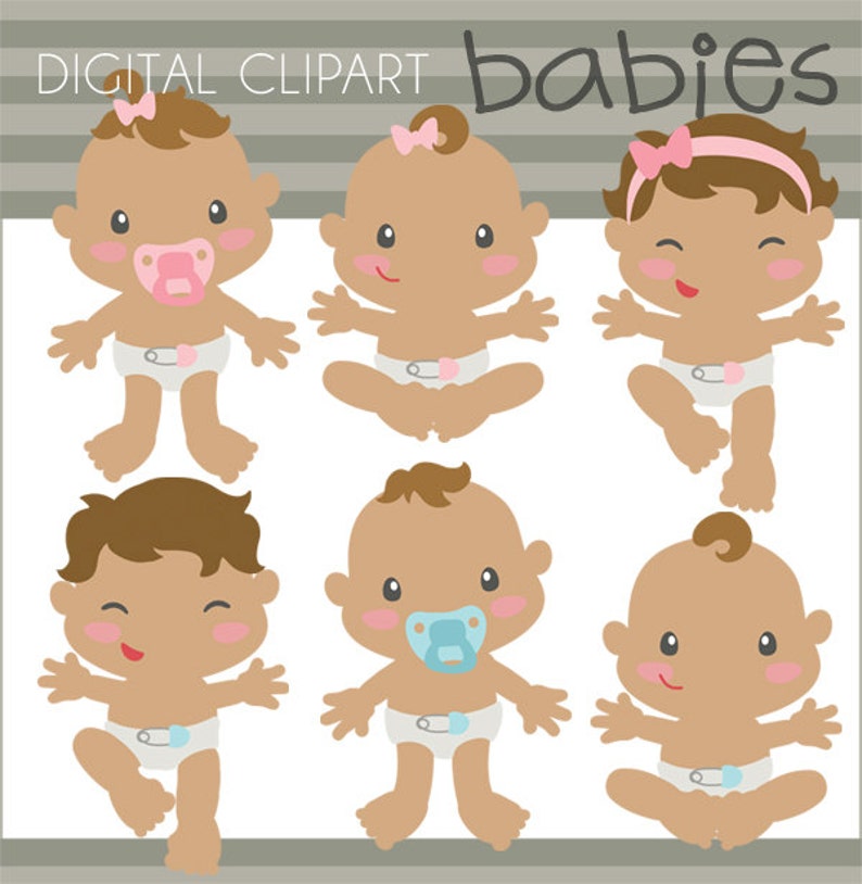 Peut inclure: Six illustrations de b&eacute;b&eacute;s en dessin anim&eacute; avec une peau brune, portant des couches et des sucettes. Les b&eacute;b&eacute;s sont dans diff&eacute;rentes poses, y compris assis, debout et allong&eacute;s. Les illustrations sont dans un style de dessin anim&eacute; simple et sont parfaites pour une utilisation dans des projets li&eacute;s aux b&eacute;b&eacute;s.