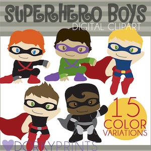 Super Hero Boys Clipart -Personal and Limited Commercial- Boy Superheroes Clipart in different colors