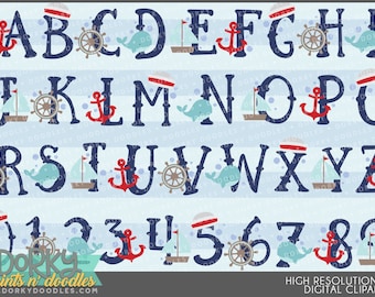 May include: Nautical-themed alphabet and number set in navy blue, featuring anchors, sailboats, whales, and ship wheels. Each letter and number is decorated with maritime elements on a light blue striped background. Includes the text "Dorky Prints n' Doodles".