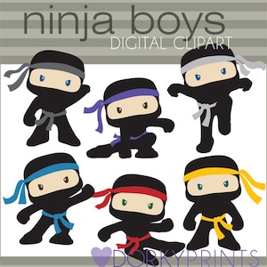 May include: Six black and white cartoon ninja boys with different coloured headbands. The headbands are purple, blue, grey, red, yellow, and blue. The text "ninja boys" and "DIGITAL CLIPART" is at the top of the image.