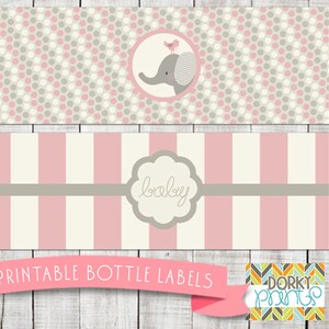 Pink Elephant Baby Shower Printable Bottle Labels PDF - Printable Party Supplies - Baby Girl Elephant Shower