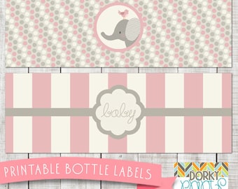 Pink Elephant Baby Shower Printable Bottle Labels PDF - Printable Party Supplies - Baby Girl Elephant Shower